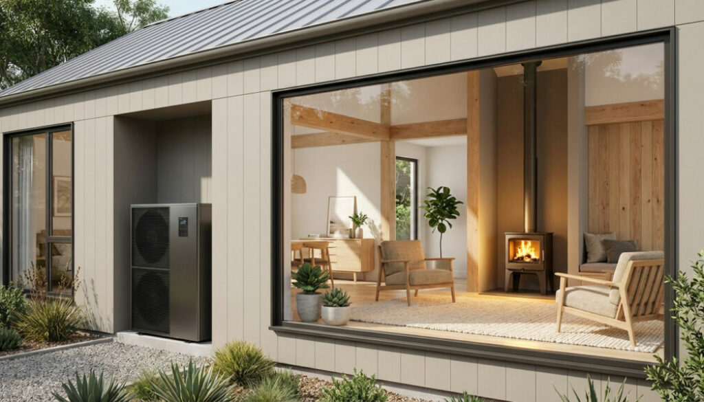 Maison moderne beige avec toit en tôle, une pompe à chaleur extérieure noire et un intérieur visible avec poêle à bois et mobilier contemporain.