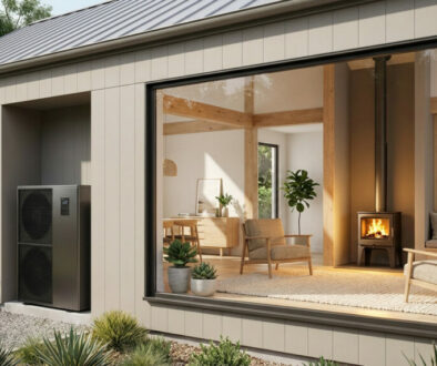 Maison moderne beige avec toit en tôle, une pompe à chaleur extérieure noire et un intérieur visible avec poêle à bois et mobilier contemporain.