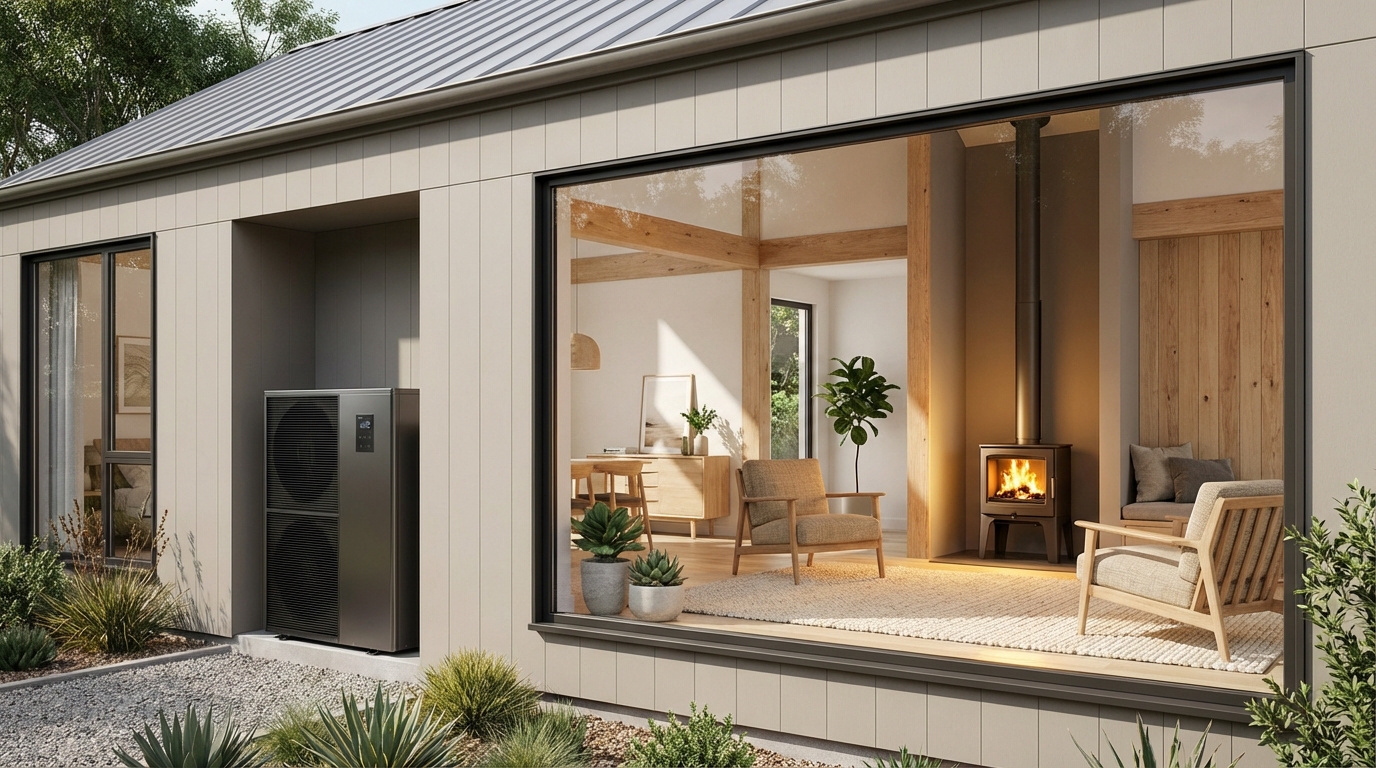 Maison moderne beige avec toit en tôle, une pompe à chaleur extérieure noire et un intérieur visible avec poêle à bois et mobilier contemporain.