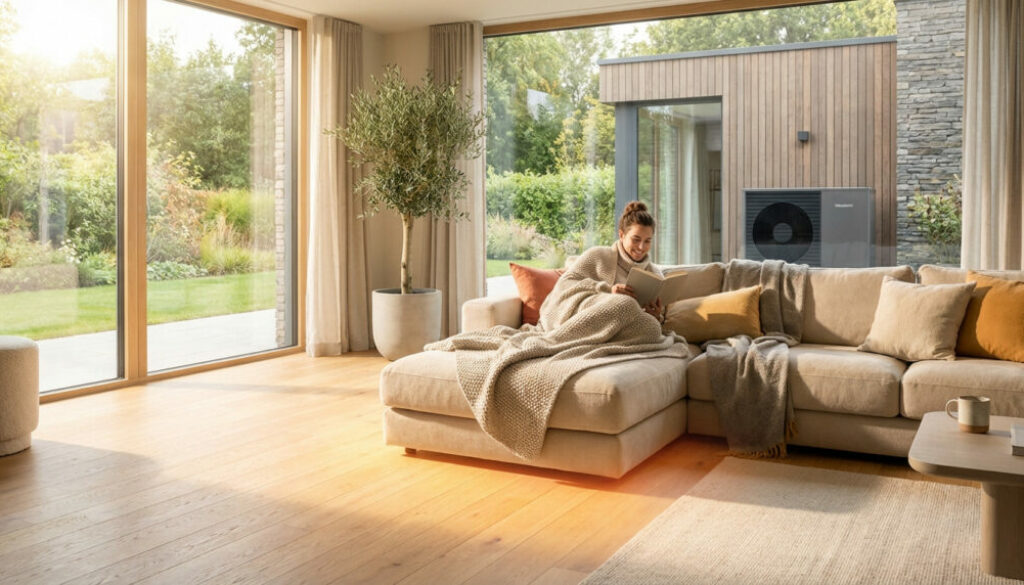 Femme souriante détendue sur canapé avec couverture. Plancher chauffant allumé, pompe à chaleur visible dehors dans un jardin lumineux.