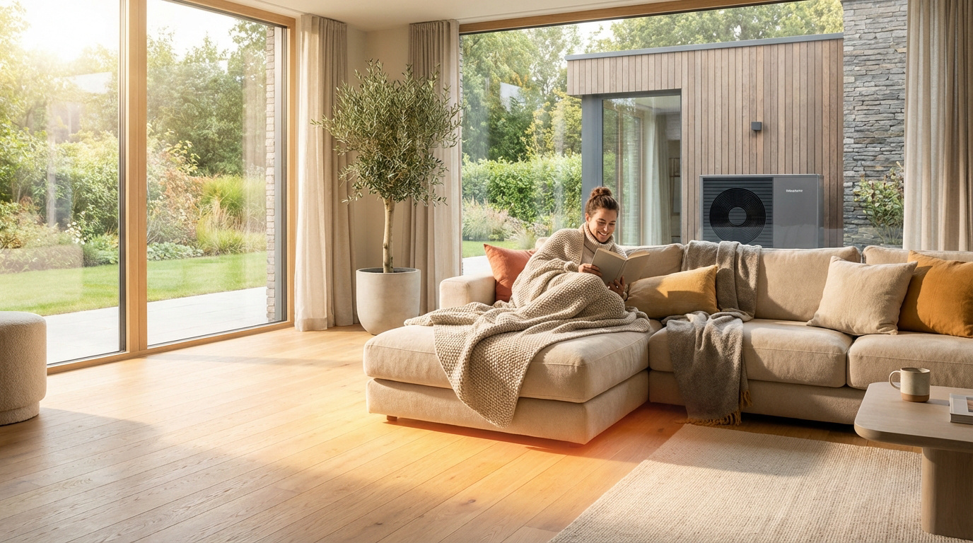 Femme souriante détendue sur canapé avec couverture. Plancher chauffant allumé, pompe à chaleur visible dehors dans un jardin lumineux.
