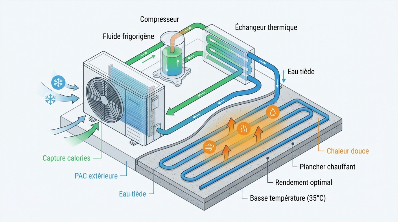 Sch&eacute;ma du cycle thermodynamique d'une pompe &agrave; chaleur reli&eacute;e &agrave; un plancher chauffant hydraulique